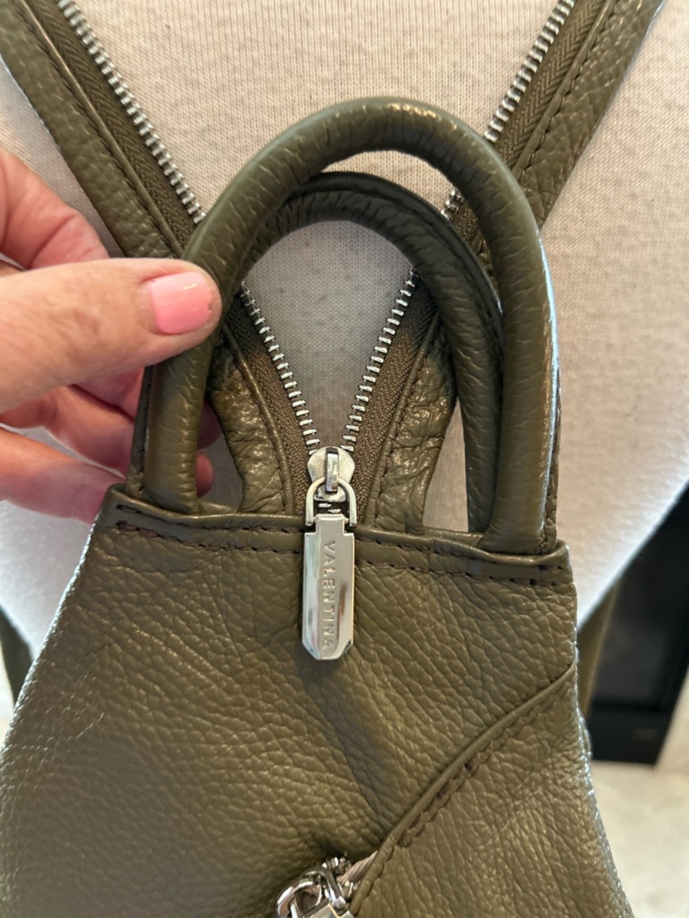 Valentina Olive Green Leather Convertible Sling Backpack - Picture 2 of 15